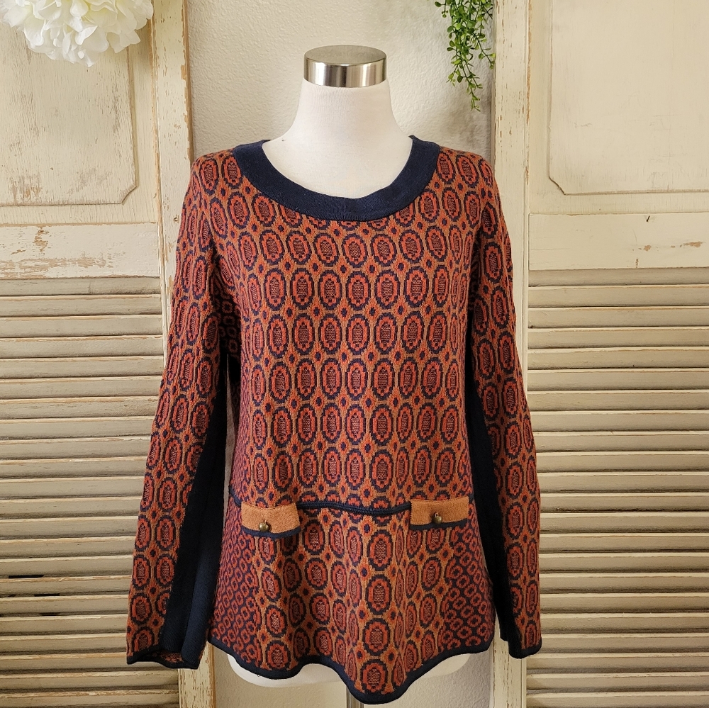 Nic+Zoe Geometry print  pullover sweater in navy blue, orange tan, PM